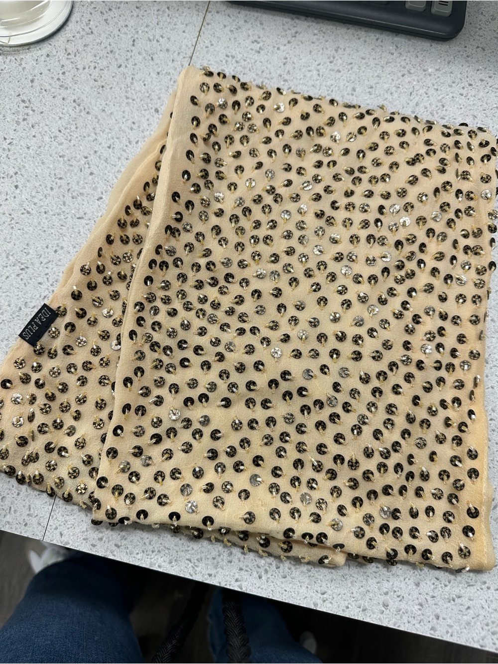 Beige Sequined 100% silk Scarf with Crystal Studs